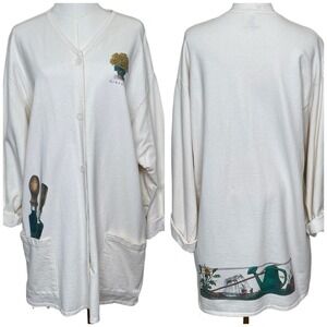 Vintage C-C Gardener Cardigan Women L White Fleece Longline Button Botanical